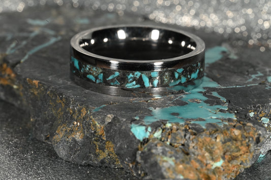 Stainless Steel Center Channel, Comfort Fit Band Natural Blue Moon Turquoise Ring