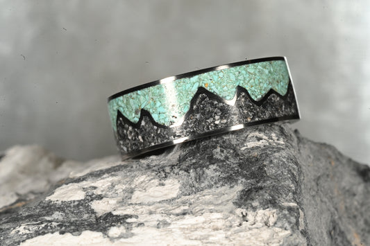 Titanium Mountain Range Natural Nugget Hole Turquoise and Authentic White Buffalo Ring