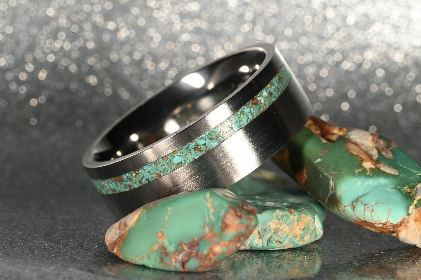 Titanium, Thin Offset Channel Natural Royston Turquoise Ring