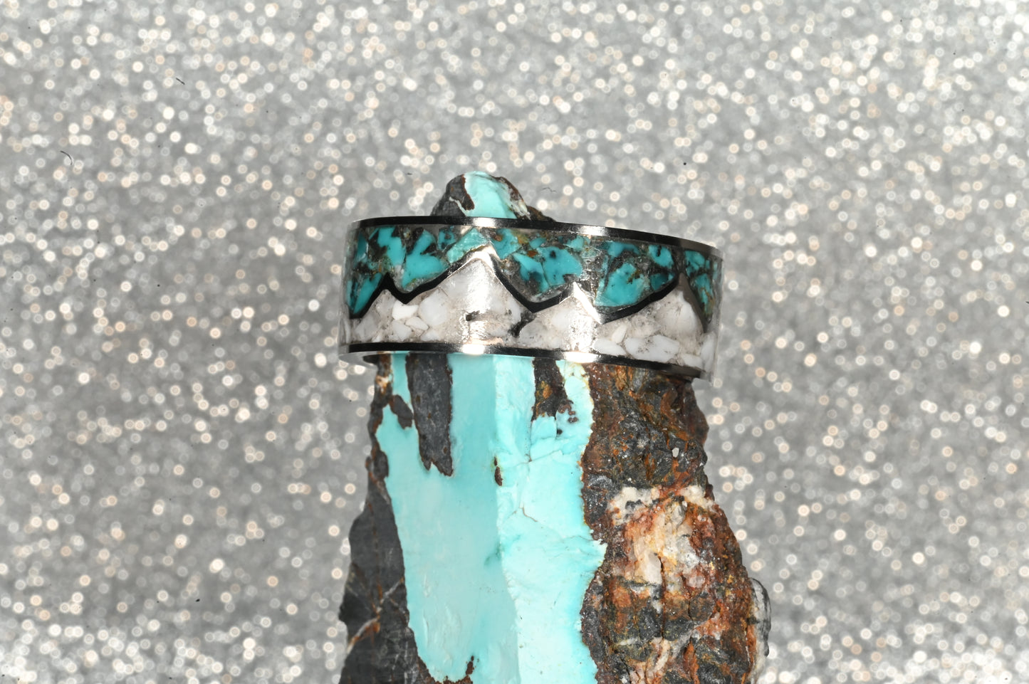 Titanium Mountain Range Ring, Natural Blue Moon Turquoise and Authentic White Buffalo