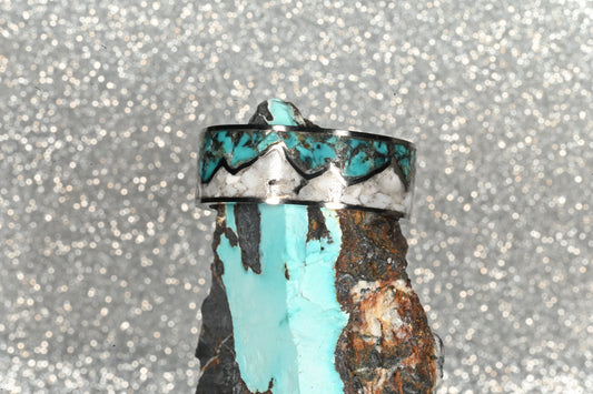 Titanium Mountain Range Ring, Natural Blue Moon Turquoise and Authentic White Buffalo